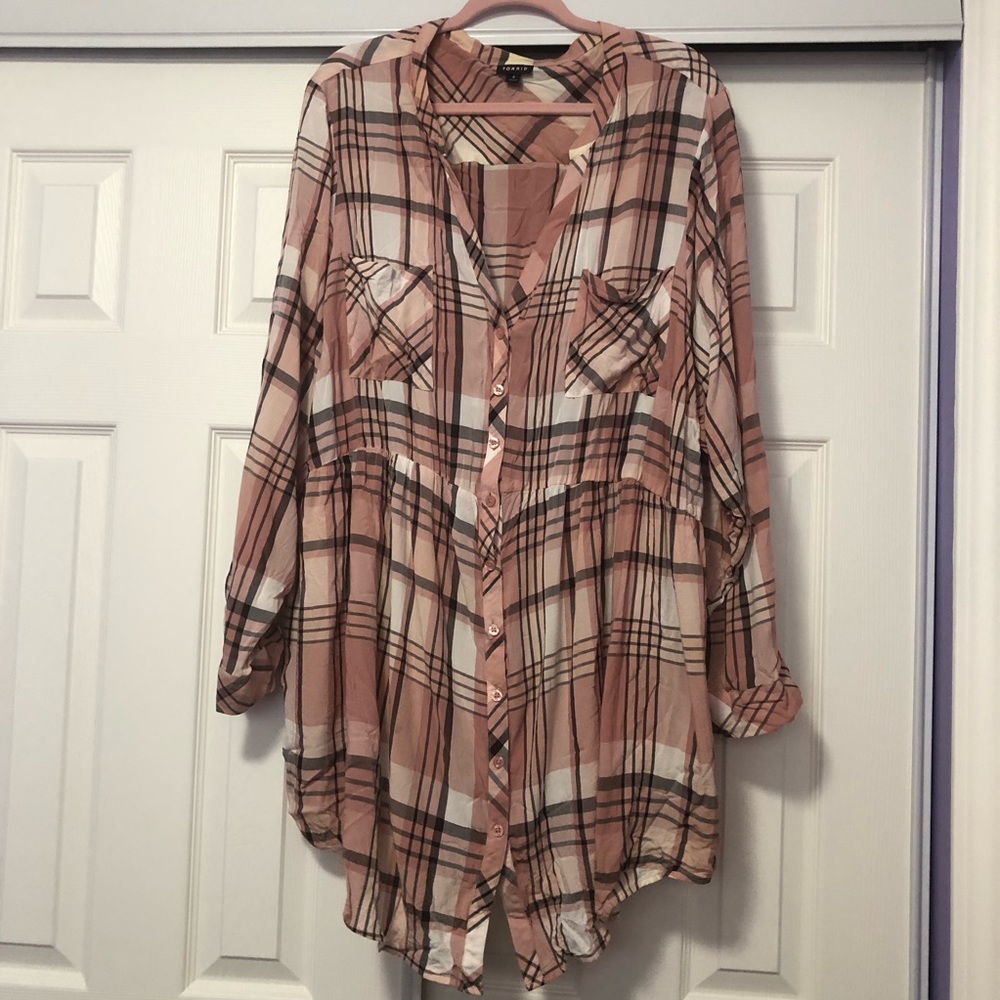 Torrid Lindsay Tunic, Plaid Babydoll Button-down Shirt in Pink and Gray, Size 6